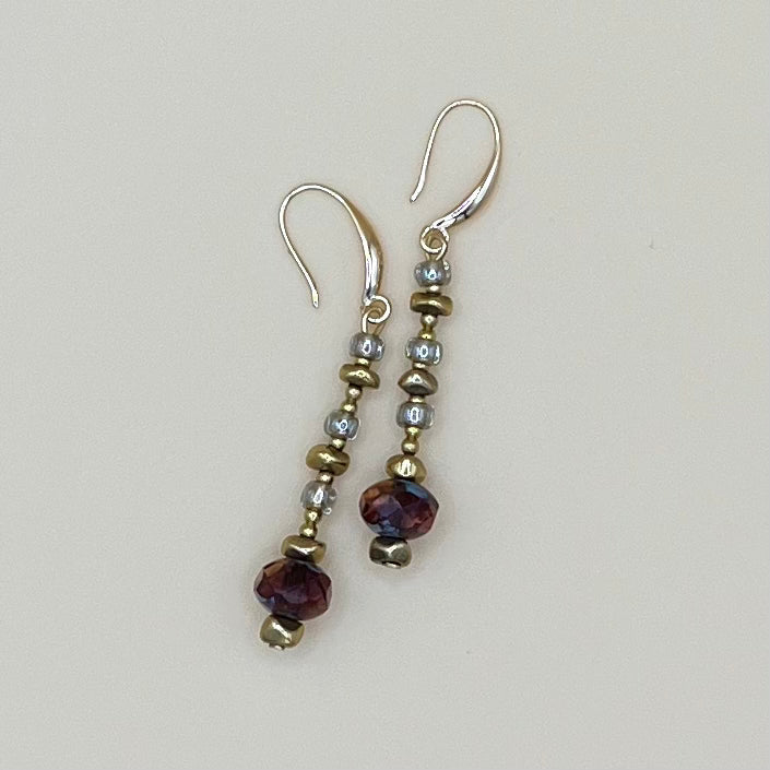 Handmade Everything Earrings by May & Moon featuring fire-polished Czech glass beads in deep garnet, gold accents, and sterling silver ear wires — lightweight and perfect for everyday wear.