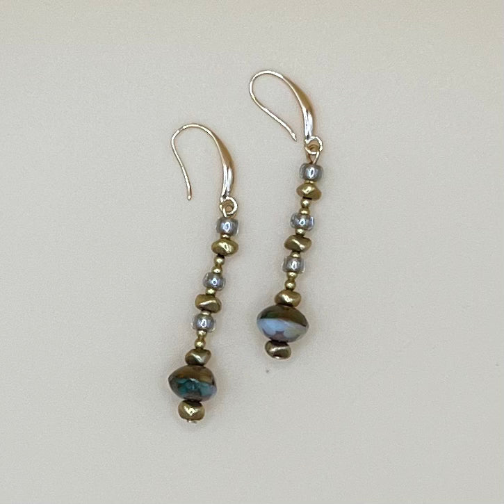 May & Moon Everything Earrings in teal Czech glass with gold accents and sterling silver ear wires — handmade, lightweight, and perfect for everyday layering.