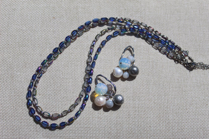 Baltic Bauble Earrings and matching Czech glass beaded necklace styled on linen with hematite, agate, pearl, and opalite stones
