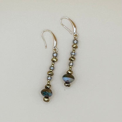 May & Moon Everything Earrings in teal Czech glass with gold accents and sterling silver ear wires — handmade, lightweight, and perfect for everyday layering.